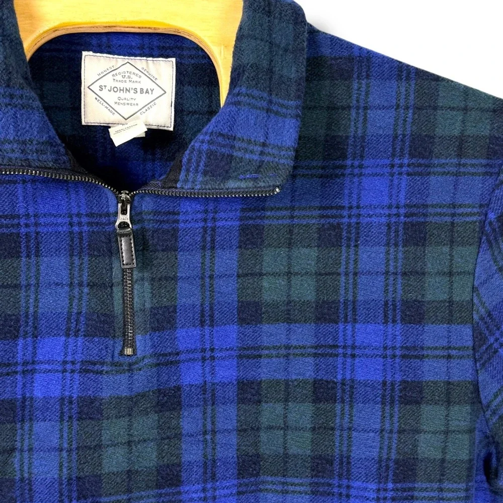 Vintage St Johns Bay Quarter Zip Men XL Blue Green Tartan Plaid Flannel Pullover